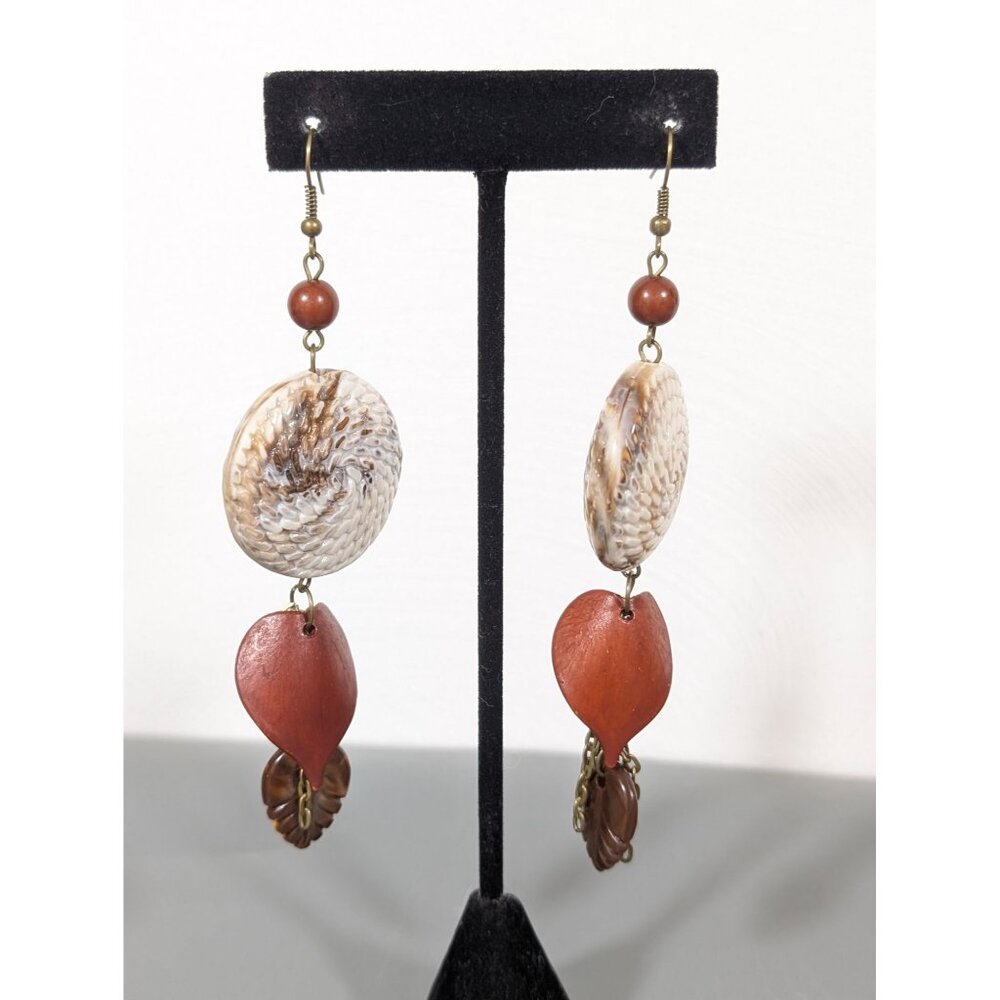 Boho Basketweave Round Disc Bronze Tone Chain‎ Leaf Long Earrings